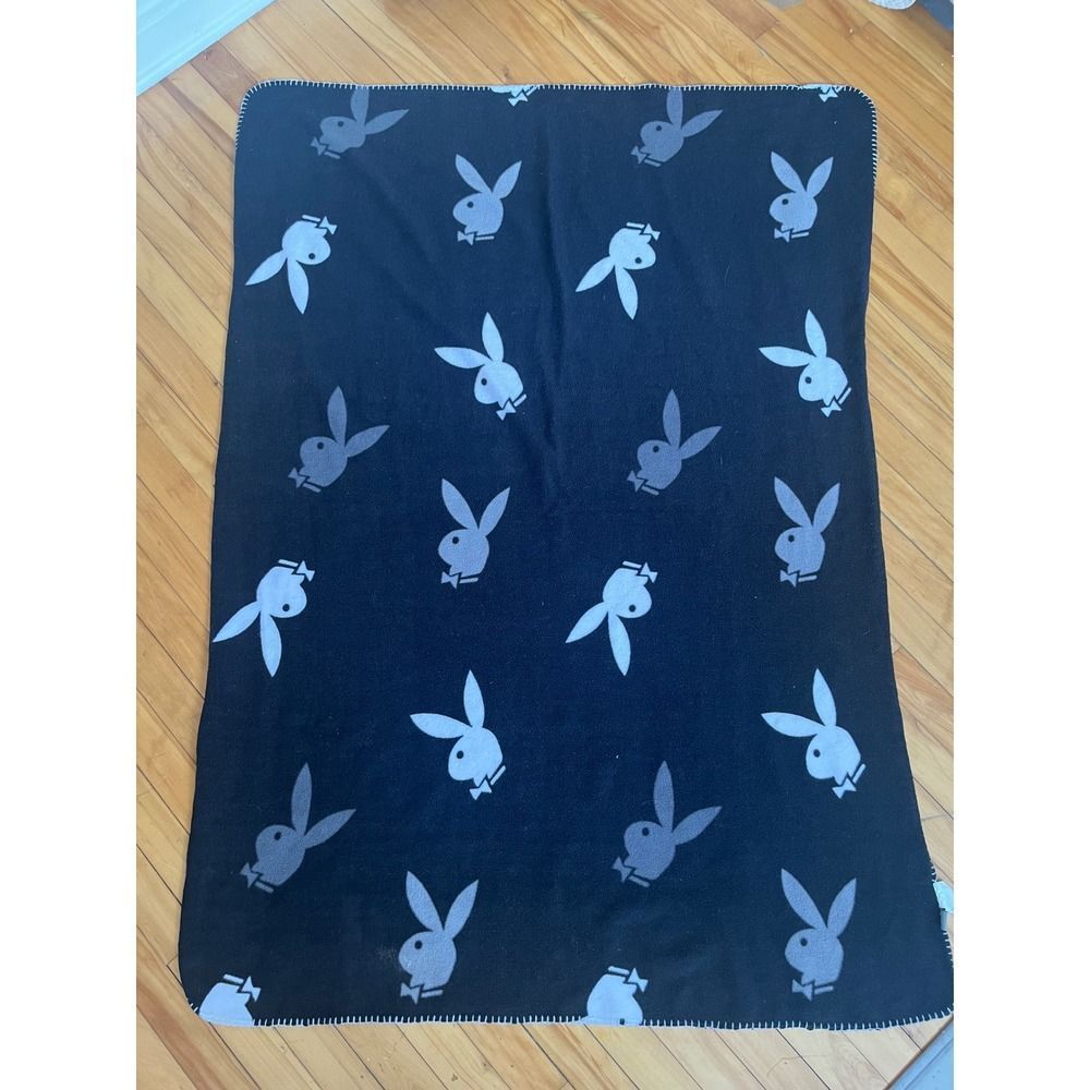 Vtg Playboy Bunny Logo Fleece Blanket Black White Cozy Throw Travel 42x58"